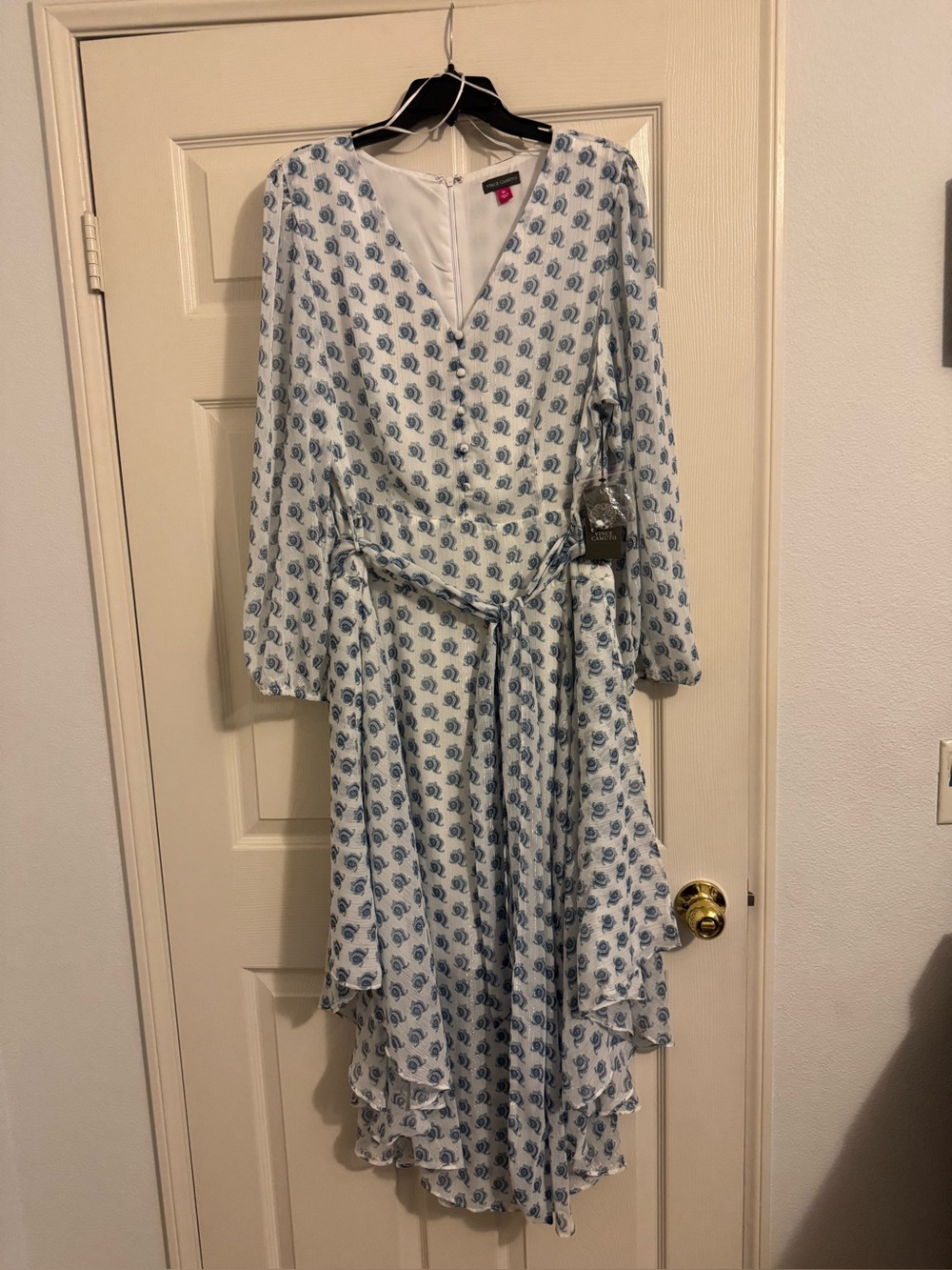 Vince Camuto White Dress with Blue Paisley Print - Wrap High-Low
